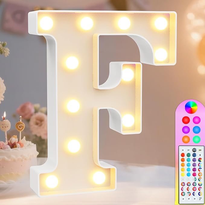 Pooqla Colorful Light Up Letters with Remote, Upgraded 35 Colors LED Marquee Letters, RGB Lighted Letter for Girls Teenager Gift, Birthday, Party, Wedding, Night Light, Room, Bedroom Decor, Letter F