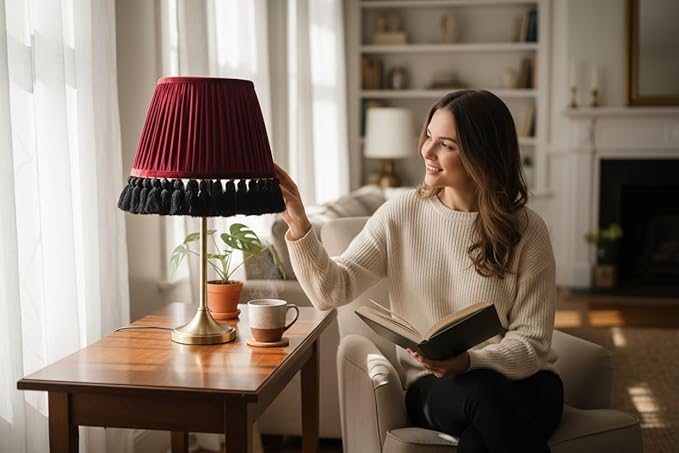 Tristan Home Round Pleated Velvet Lamp Shade with Tassels 10x14x12inches (The Height 12inch Includes Tassels) (Red Wine Burgundy)