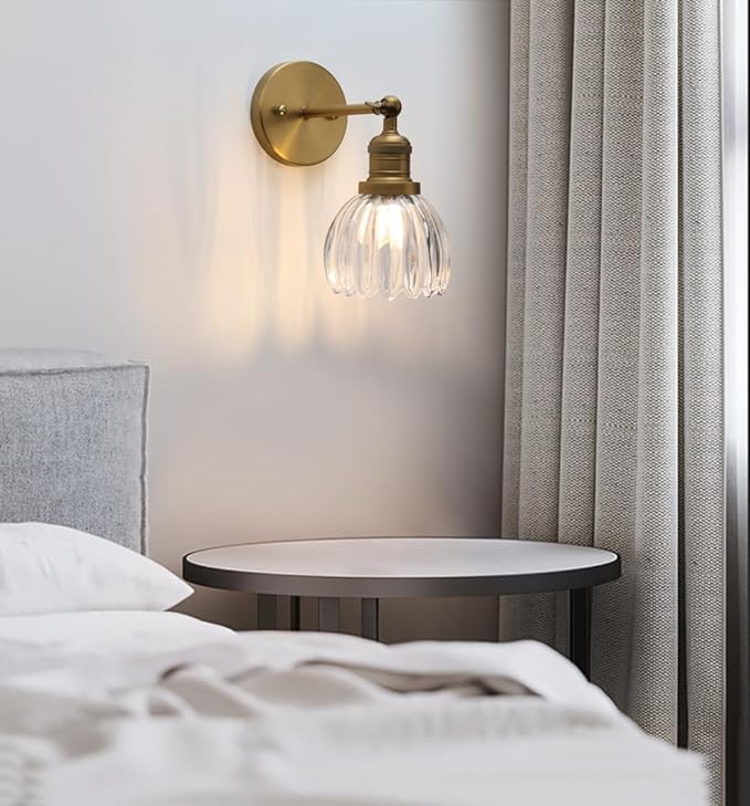 Pathson Adjustable Wall Sconce Lamp with Tulip Thick Glass, Hardwired Bathroom Sconce Brass Gold Wall Vanity Light Fixture for Living Room Farmhouse Bedside Lighting