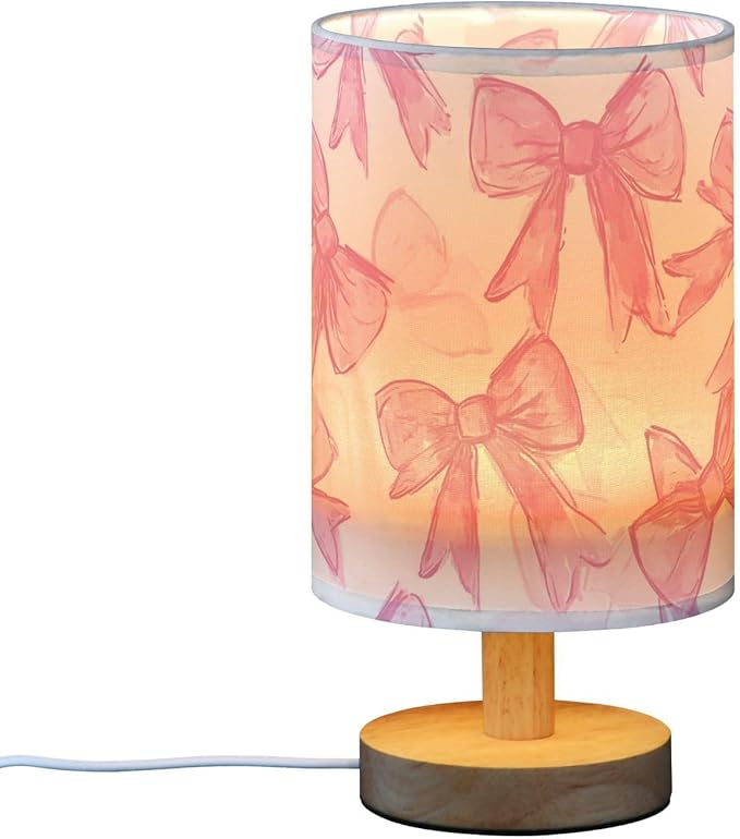 Bedside Table Lamp Pink Bow Printed Nightstand Lamp with Wood Desk Lamps for Bedroom Living Room Nursery Office Home Decor
