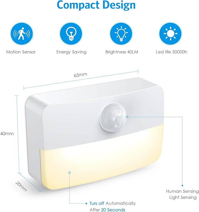 AMIR 4 Pack Mini Motion Sensor Stair Light for Indoor, Battery-Powered LED Night Light, 40 Lumen 3000K, Cordless Closet Lights, Safe Lights for Stairs, Hallway, Bathroom, Kitchen, Cabinet