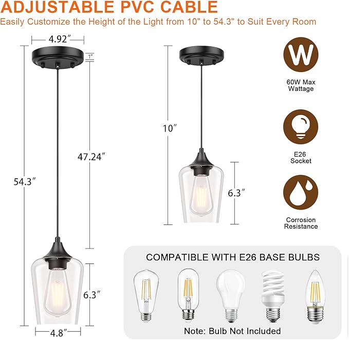 Ralbay Matte Black Industrial Pendant Light 2-Pack, Pendant Light Fixtures with Wine Clear Glass Shade, Adjustable Height for Kitchen Island, Farmhouse Dining Room Hanging Lighting Fixture