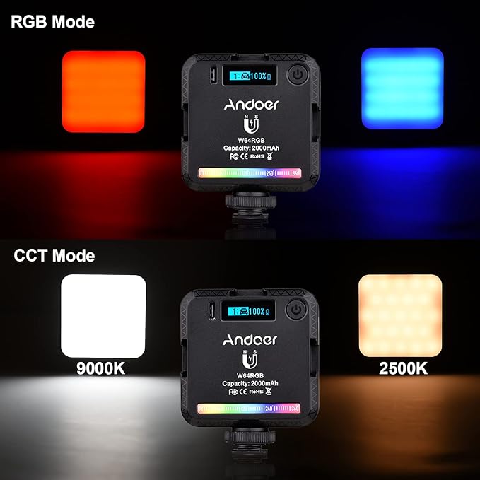 Andor Pocket RGB LED Video Light Kit CRI95 500K-9000K Dimmable 20 Magnetic Backup with Desktop Tripod Flexible Ball Head Phone Holder Computer Clip for Vlog Selfie
