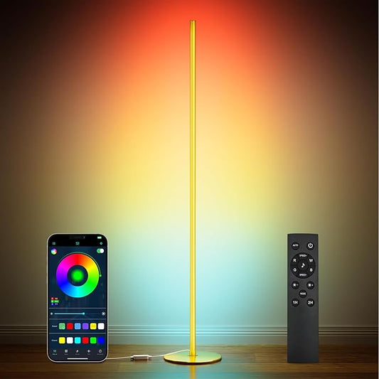 luckystyle Smart RGB Corner Floor Lamp,Bright LED Tall Modern Floor Lamp with APP and Remote,Ambient Lighting Color Changing Standing Lamps with Music Mode and Timing for Living Room,Bedroom Gold