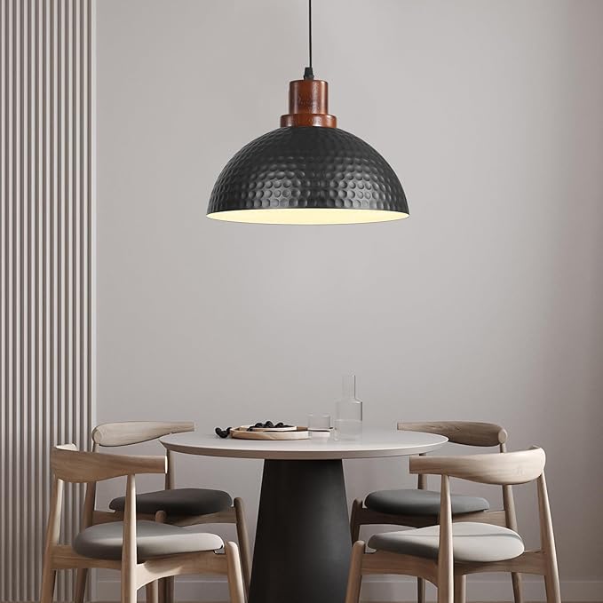 11.8" Wood Pendant Lights Kitchen Island, Hammered Dome Pendant Lighting, Black Pendant Light Fixture Hanging Ceiling Light
