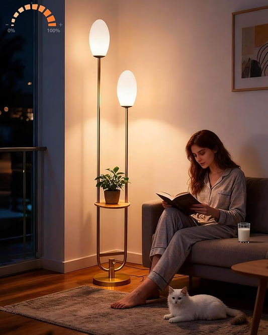 Lightdot Gold Dimmable Floor Lamp with Oval Shades, Unique U-Shaped Tall Standing Lamps with Table& Bulbs Included, Mid Century Modern Floor Lamp for Living Room/Wedding/Party/Sofa Beside/Corner Decor