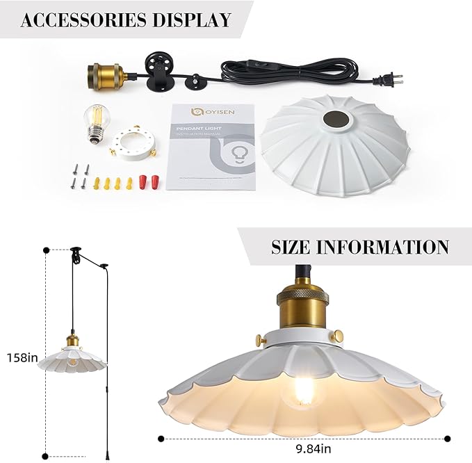 Plug in Pendant Light Industrial 9.8 Inch White Lampshade Kitchen Island Hanging Lamp Plug in Adjustable Cord Hanging Lights for Bedroom and Living Room