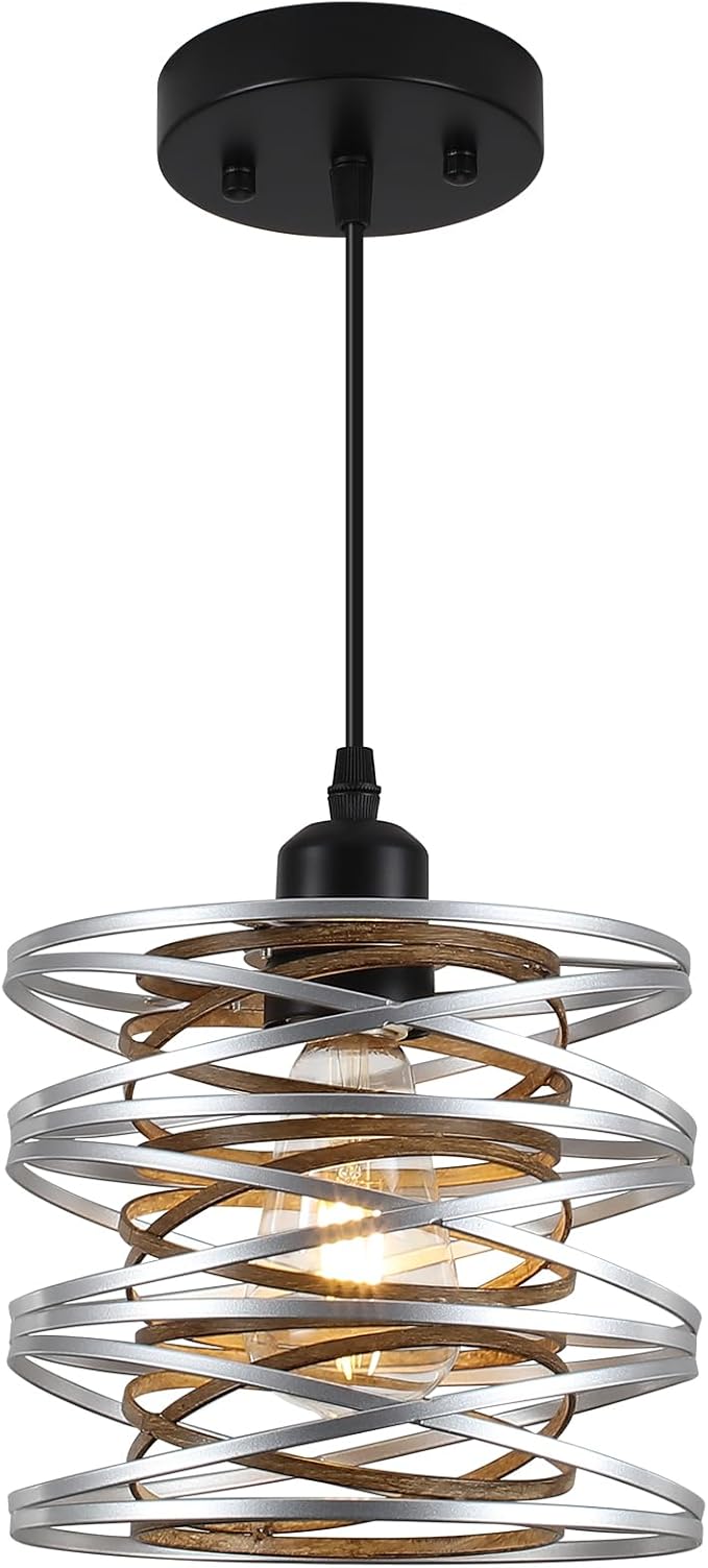 Pendant Lights Kitchen Island, Kitchen Hanging Light Fixtures Wood Grain Metal Lighting for Dining Room Bedroom Bar Office Entryway Hallway, Industrial Silver, 1 Pack