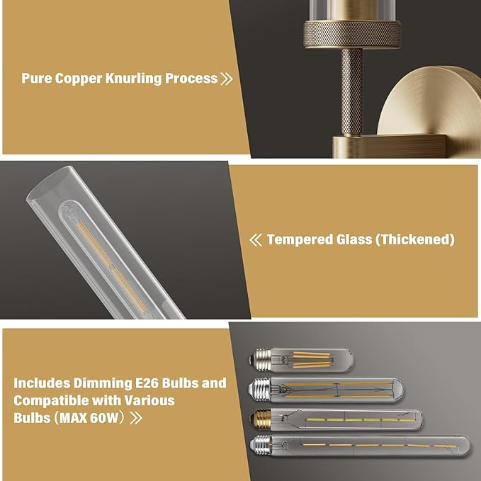 Brass Wall Sconces Set of 2, Bathroom Sconces Wall Lighting, Gold Sconces Wall Lighting with Clear Glass Wall Lamp,Wall Mount Lamps Wall Lights for Vanity Light Bedroom Living Room Hallway