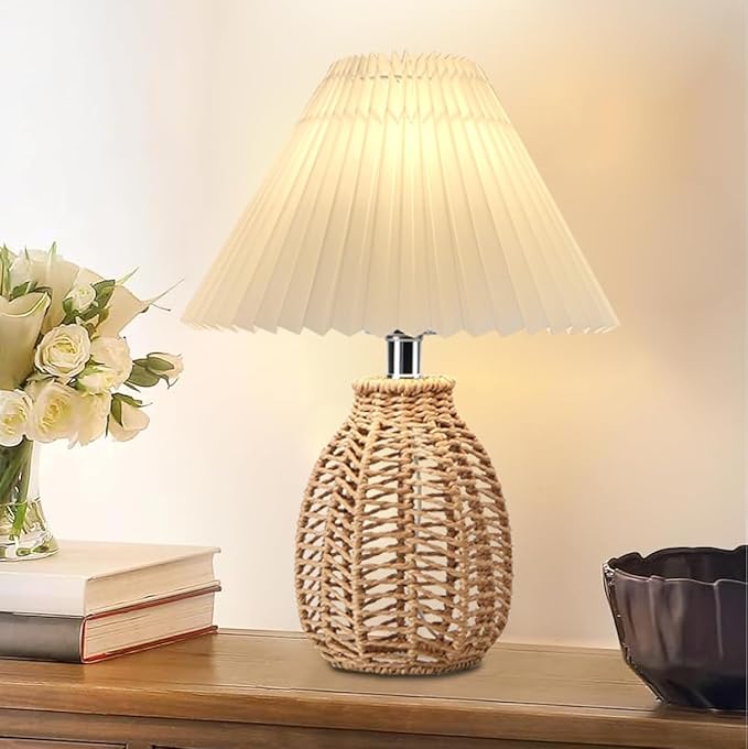 Pleated Table Lamp Wicker Woven Rattan Night Light, Modern Bedside Nightstand Lamp with White Scalloped Lampshade Rattan Metal Base, Desk Light for Bedroom Living Room Home Office Decor