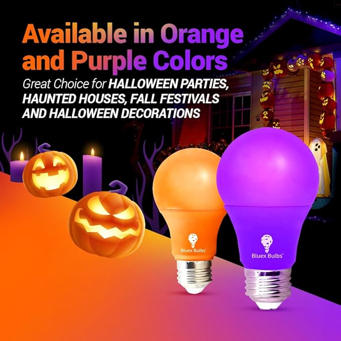 6 Pack BlueX LED A19 Purple Light Bulbs - 9W (60Watt Equivalent) - E26 Base, Party Decoration, Porch, Home Lighting, Holiday Lighting, Decorative Illumination