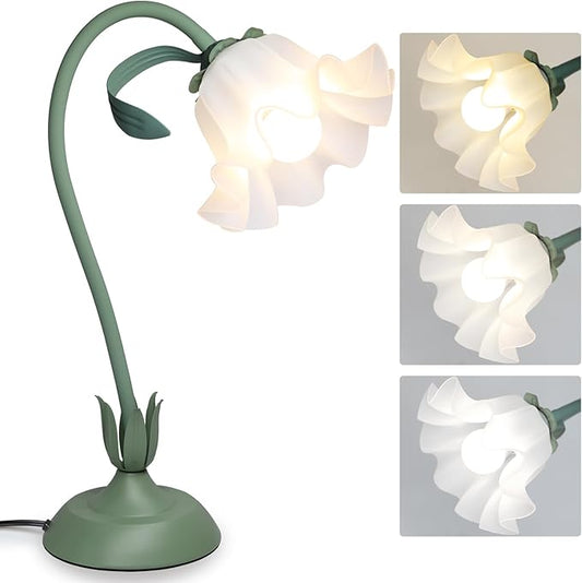 Flower Table Lamp for Bedroom, 3 Colors Flower Reading Light with E26 Bulb, Cute Lily Desk Lamp Bedside Lamps for Nightstands Home Decor, Adjustable Flexible DIY Floral Lamps for Living Room Office