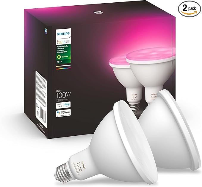 PHILIPS Hue Smart 100W PAR38 LED Bulb, 2 Pack, White & Color Ambiance Color-Changing Light, 1300LM, E26, Outdoor Light Bulbs, Control with Hue App, Works with Alexa, Google Assistant and Apple Homekit
