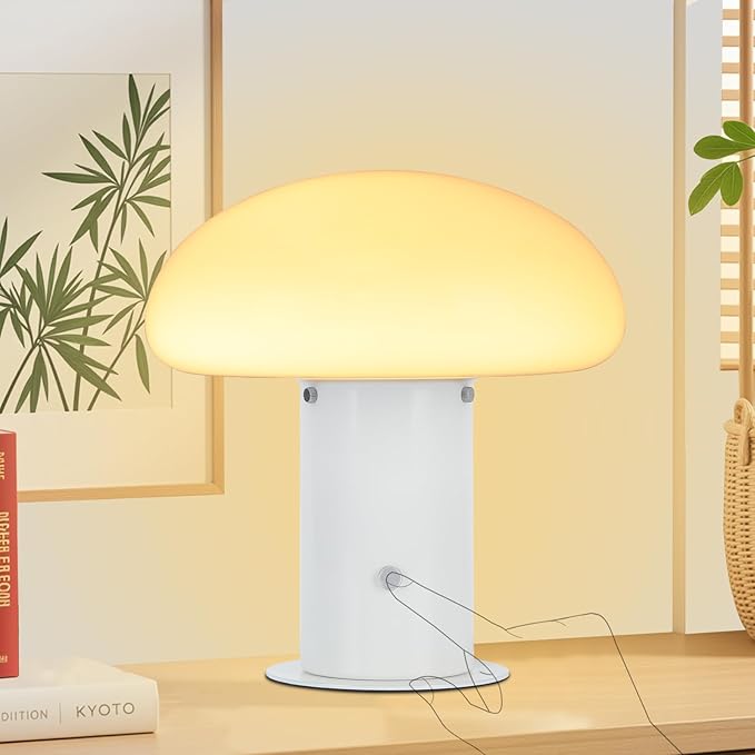 Mushroom Lamp with Touch Control Switch, 3 Way Dimmable Nightstand Lamp for Bedroom and Living Room, 6W LED Bulb Included (White)