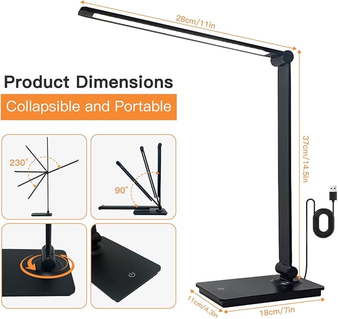 LUJOLUMIN LED Desk Lamp for Home Office, Bright Desk Light for Study, Dimmable Reading Lamp,700 Lumen, 3 Brightness Levels, Touch Control, LED Foldable Led Lamp for Kids