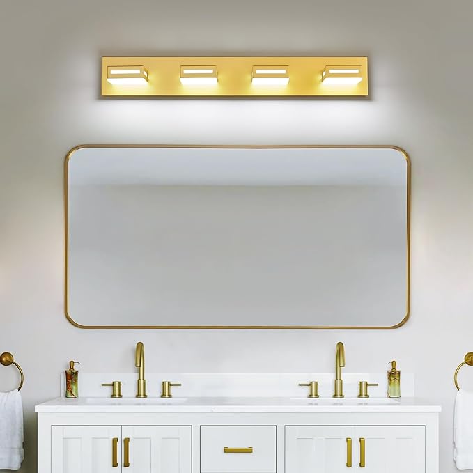 30-Inch 4-Light LED Modern Gold Bathroom Vanity Light Fixtures Over Mirror, Bathroom Lighting Fixtures with Cool White 6000K, Vanity Wall Lights for Bath Restroom Powder Room