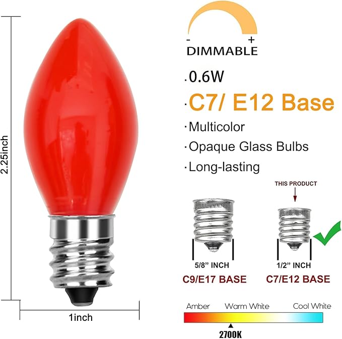 GOOTHY 25 Pack C7 Red LED Christmas Light Bulb, C7 Red Ceramic Replacement Bulbs for Outdoor String Lights Window Candles Chandeliers, E12 Candelabra Base LED Bulbs, 0.6 Watt Led Night Light Bulb