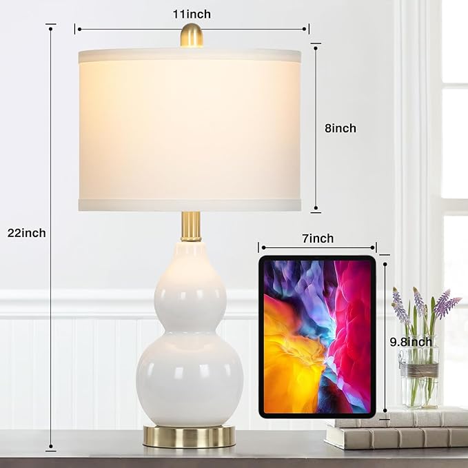 Double Gourd Ceramic Table Lamps Set of 2, Modern White Bedside Lamps for Night Stand, Contemporary Nightstand Lamps for Bedroom Living Room (Bulb Included)