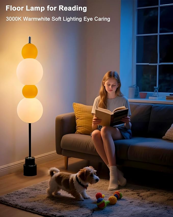 Yellow Globe Floor Lamp - Metal, RGB & 3000K Dimmable LED, Touch Switch, Modern Tall Standing Lamp for Bedroom, Living Room, Home Office