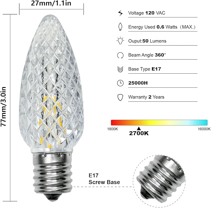 100 Pack C9 Led Replacement Christmas Light Bulb, 0.6W C9 Shatterproof Led Bulbs for Christmas String Light, E17 Intermediate Base, Commercial Grade Light Bulbs, Warm White 2700K