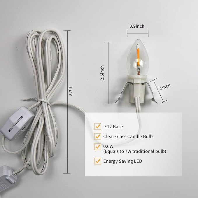 Set of 2 Accessory Cord with 2 C7 Led Light Bulb 6Ft Light IndoorString Lights, Candelabra-Base E12 Socket C7 Lamp for Halloween and Christmas Decorations, Craft Village House Decoration