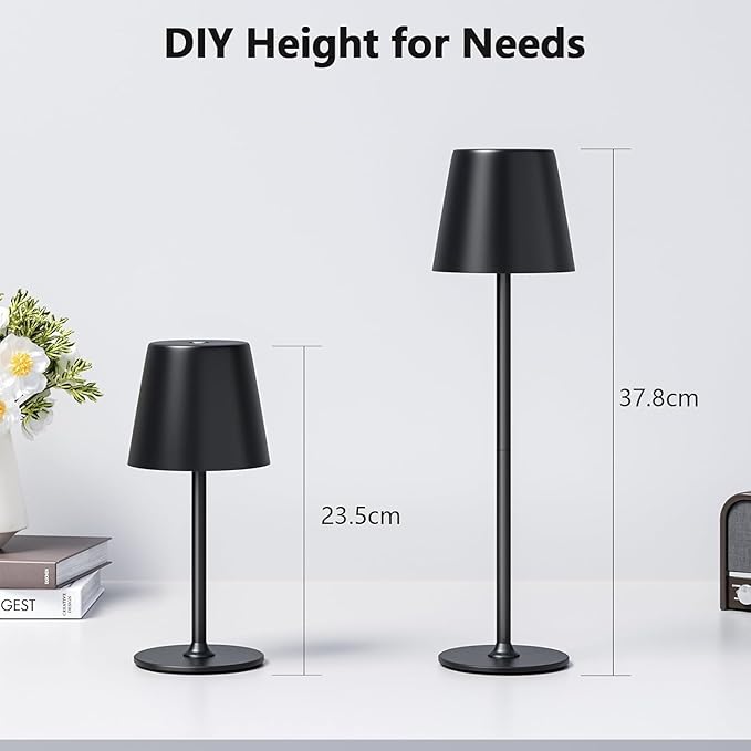 Cordless LED Table Lamp, Touch Dimmable Bedside Night Light, Rechargeable USB, Full Metal Body, Dual Battery, IP54 Waterproof – Black