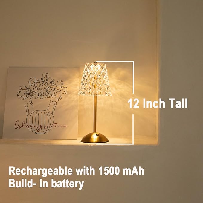 Set of 2 Rechargeable Cordless Table Lamps – 12 Inch Touch Control Desk Lamps, Battery Powered Small Night Light for Bedroom, Living Room, Home Office (Gold)