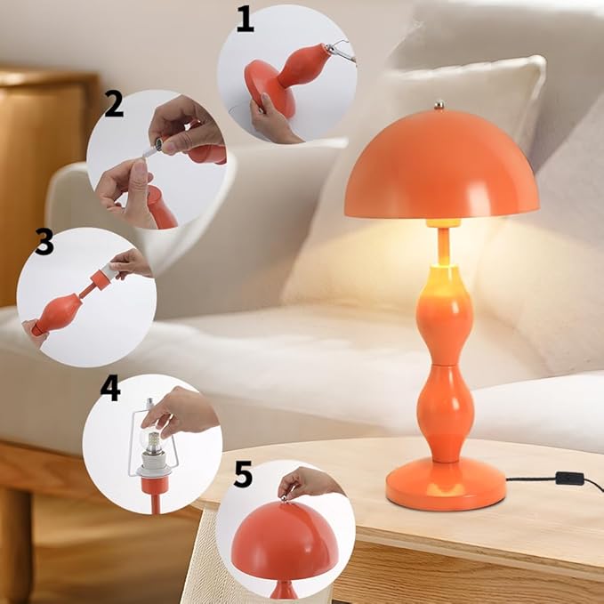 Orange Mushroom Lamp,Bedside Table Lamp for Living Room,Mid Century Modern Table Lamps for Bedroom,Mushroom Bedside Light,Home Office Aesthetic Decor Nightstand Lamps,Flowerpot Desk Light,Orange Shade