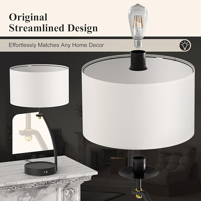 Bedside Table Lamp - 3-Way Dimmable Touch Lamps for Bedroom, Black Nightstand Lamp with USB C+A Charging Ports, Simple Modern Side Lamps for Living Room, Entryway, Hallway, Bulb Included