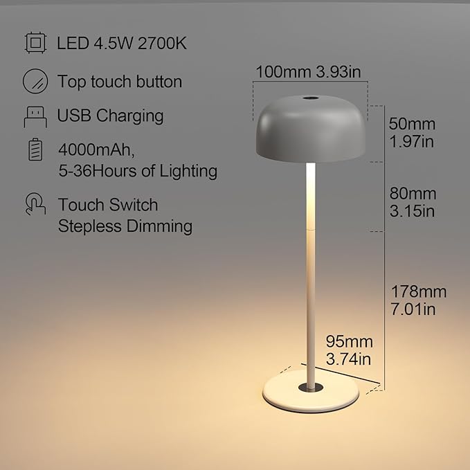 Portable Wireless LED Desk Lamp, USB Rechargeable Dimmable Table Lamp, Adjustable Length with Touch Control, Battery Powered for Romantic Dinners, Restaurants, and Outdoor Camping (Grey)