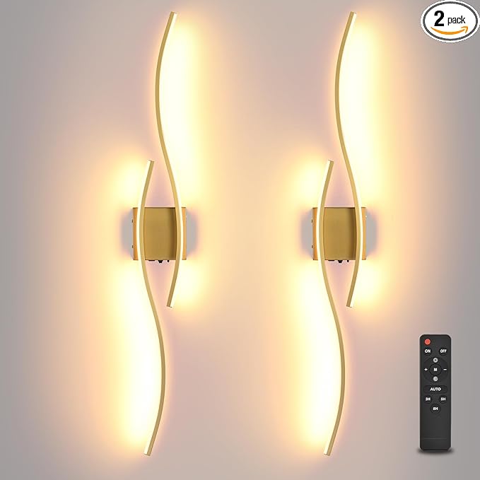 Battery Powered Wall Sconces Set of 2, Gold 39" LED Dimmable Wall Sconce with Remote Control/Timer/Memory, USB Rechargeable Wall Lights for Living Room, Bedroom, Hallway Wireless scones Lighting