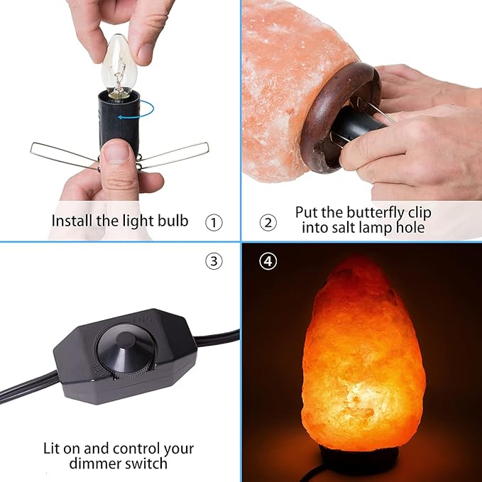 Salt Lamp Cord Replacement 2-Pack with Dimmer Switch 5 feet Lamp Cord and 8-Pack Halogen Salt Lamp Bulbs(15 Watts)
