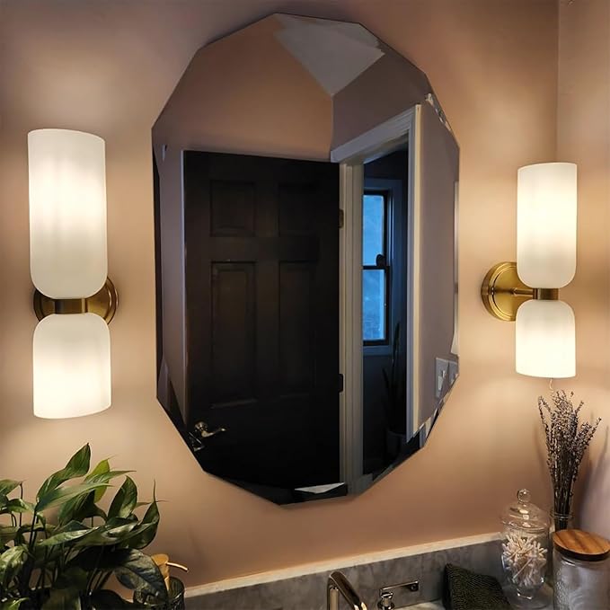 Gold Wall Sconces Mid Century Wall Light Modern Gold Wall Sconces Set of Two 2-Light Modern Wall Light Bathroom Vanity Light Milky White Glass for Bedroom Kitchen Dining Room (Gold)