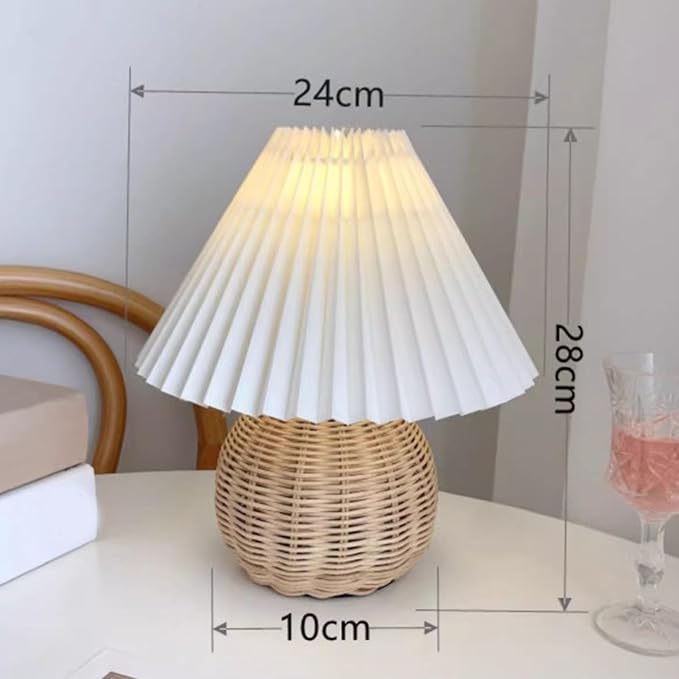 Table Lamps for Living Room, Retro Lamp Small Pleated Table Lamp Rattan Metal Base Modern Bedside Nightstand Lamp with Beige Lampshade