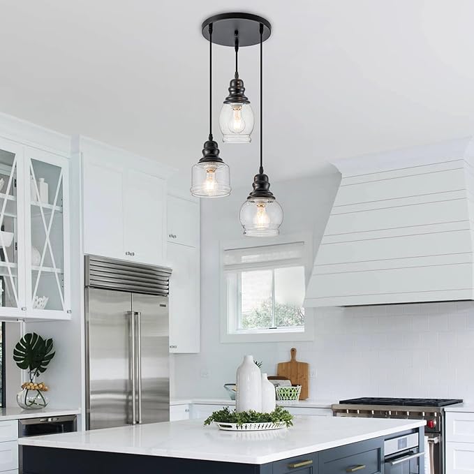 WILON Pendant Light Fixtures, 3 Light Pendant Lighting for Kitchen Island Industrial Hanging Pendant Lighting with Seeded Glass Shade, Black Glass Pendant Light for Dining Room Kitchen Island