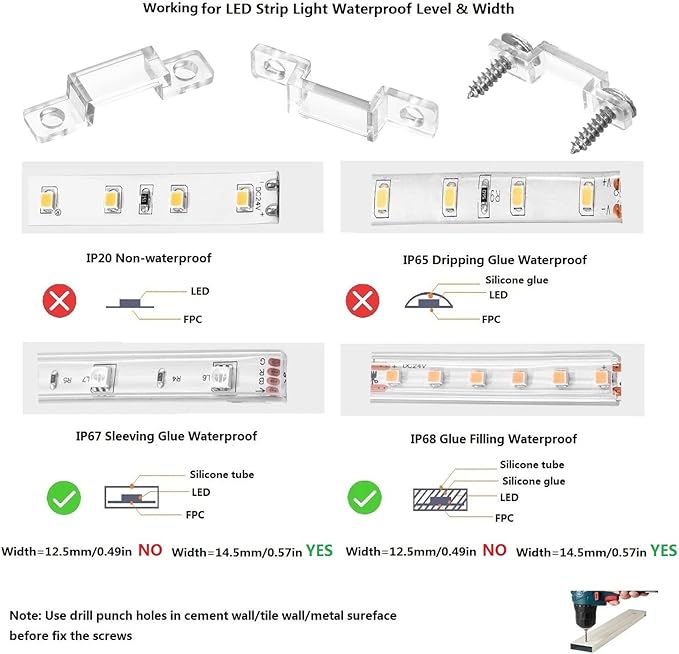 MMSD 100 Pack LED Strip Light mounting Brackets led Clips for Outdoor RGBIC LED Strip Light Clips with 202 Screws Suit for 13-14mm Wide IP67/68 Waterproof Strip Lights