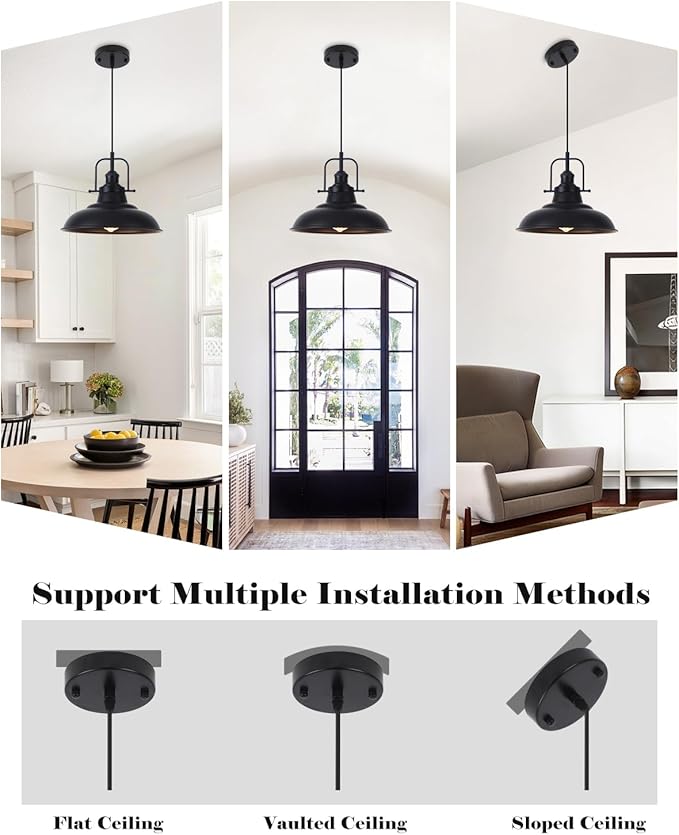 Industrial Pendant Lights 3 Packs, 12.2 Inch Black Pendant Lights Kitchen Island, Metal Pendant Lighting, Vintage Farmhouse Pendant Light for Kitchen, Living Room, Hallway