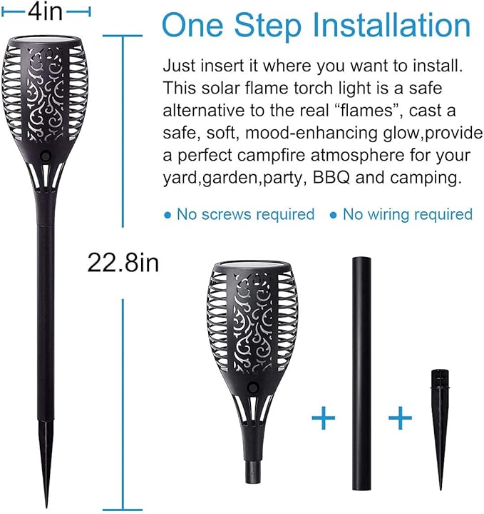Large Size Solar Torch Light with Flickering Flame, Fire Effect Garden Lights Outdoor, IP65 Waterproof Tiki Torches for Pathway Yard Decor, Auto On/Off - Landscape Lighting (8 Pack)