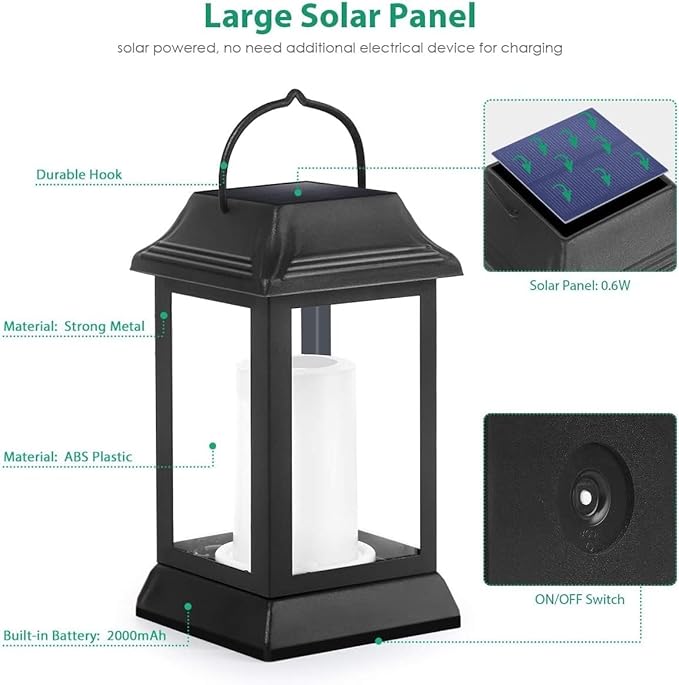 TomCare Solar Lights Metal Flickering Flame Solar Lantern Outdoor Hanging Lanterns Decorative Lighting Heavy Duty Solar Powered Waterproof Umbrella Lighting for Garden Yard Patio Deck, 4 Pack（Black）