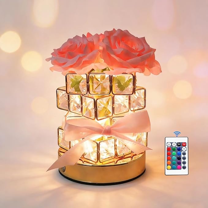 Crystal Table Lamp, Rechargeable Cordless Rose Light, with Touch & Remote Control Dimming - 16-Color Dimmable, Birthday Gifts for Women, Mom, Wife, Living Room, Bedroom Decor