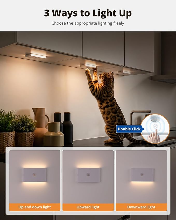 wowatt Rechargeable Motion Sensor Night Light, White Automatic Lights with Magnetic Mount, Dimmable Stair Lights Indoor for Stairway, Hallway, Kitchen, Bathroom(3 Packs)