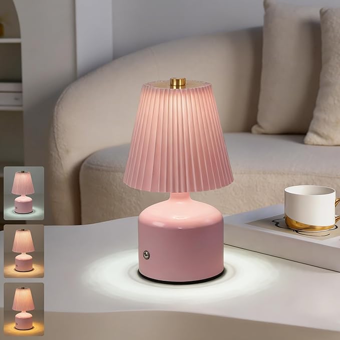 Small Cordless Table Lamp Rechargeable Desk Lamp, 3 Color Stepless Dimming, Metal Base Pleated Table Lamp for Bedside, Bedroom, Dining Room, Living Room (Pink)