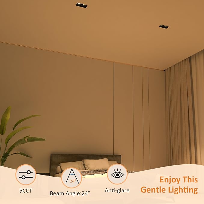 LED Square Recessed Lighting 4 Pack, 20W Adjustable Downlight, Aluminum Recessed Ceiling Light with junction Box, 5 CCT 2700K-6000K, TRIAC Dimming Rotation Spotlight for Living Room Bedroom Hallway