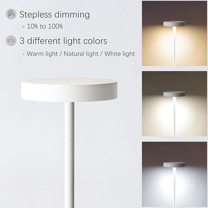 2 Pack Cordless Rechargeable Table Lamp, 3 Color Temperature & Dimmable, IP54 Waterproof Battery Operated Portable LED Light for Outdoor, Patio, Restaurant, Bedside, Shower (White)