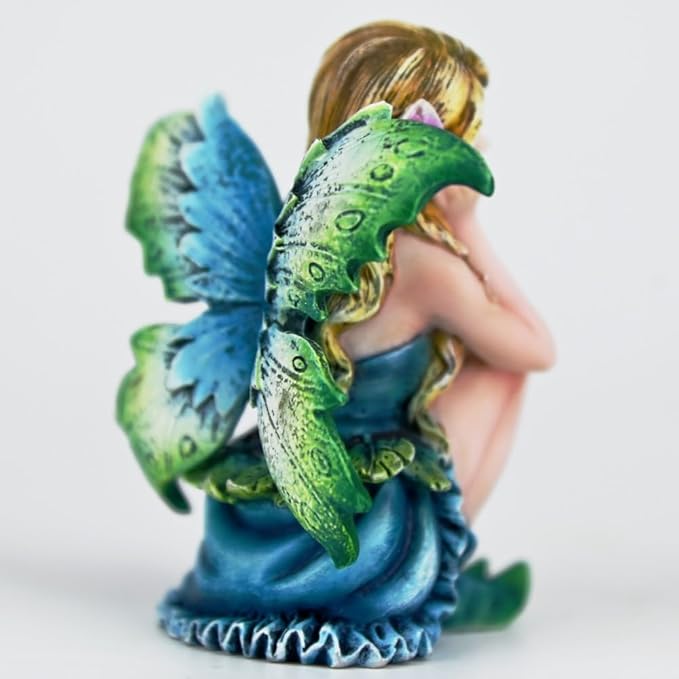 Fantasy Thoughtful Fairy Figurine, 3.15 Inch Blue-Green Gradient Elf Statue, Hand-Painted Resin Decor with Purple Hair Flower & Textured Wings for Desk, Fairy Garden, Plant Pot