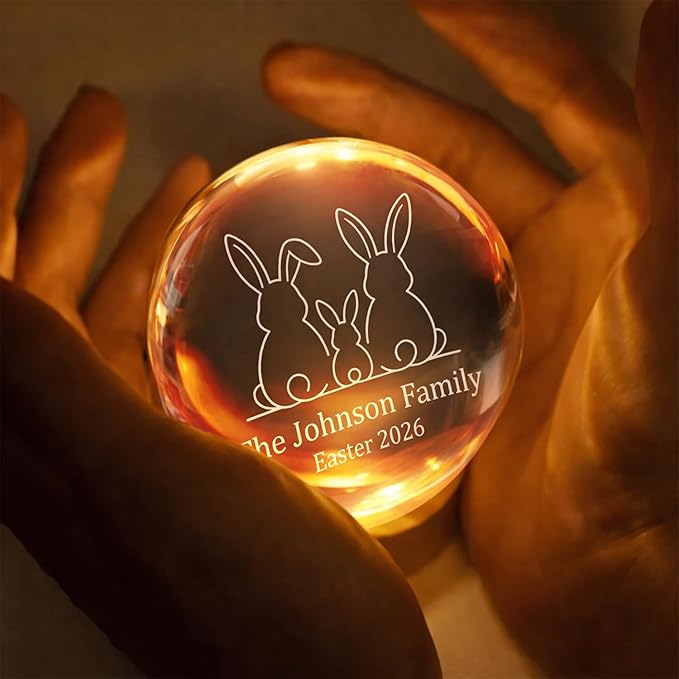 Personalized Easter Family Bunny Crystal Ball LED Night Light, Custom Family Name Glass Globe Lamp with Year, Engraved Rabbit Silhouette Keepsake Gift for Spring Home Decor