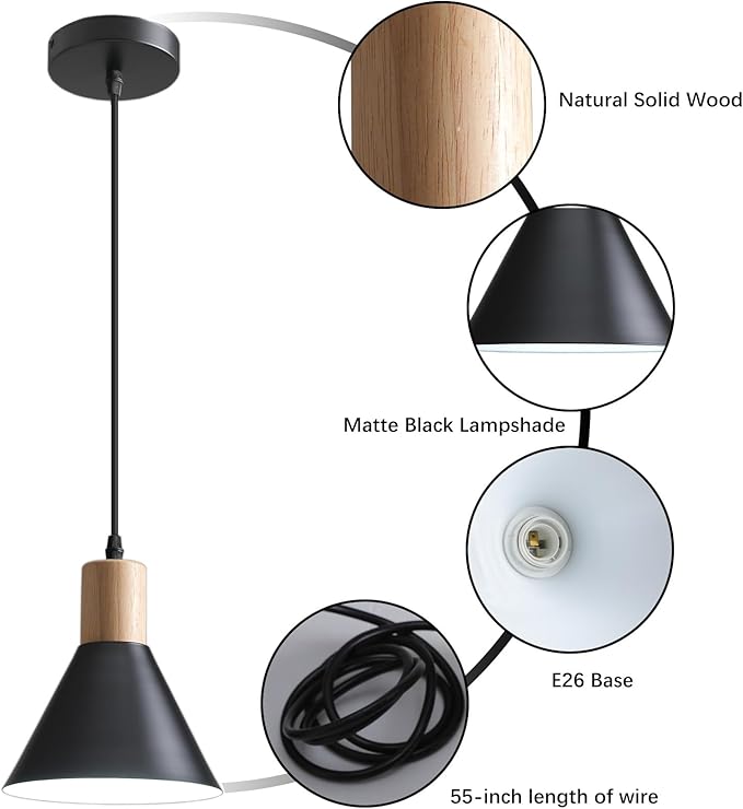 Mini Kitchen Over Island Pendant Lights, Solid Wood Ceiling Hanging Lamp, Modern Matte Black Pendant Lighting for Kitchen Island Dining Living Room Bedroom
