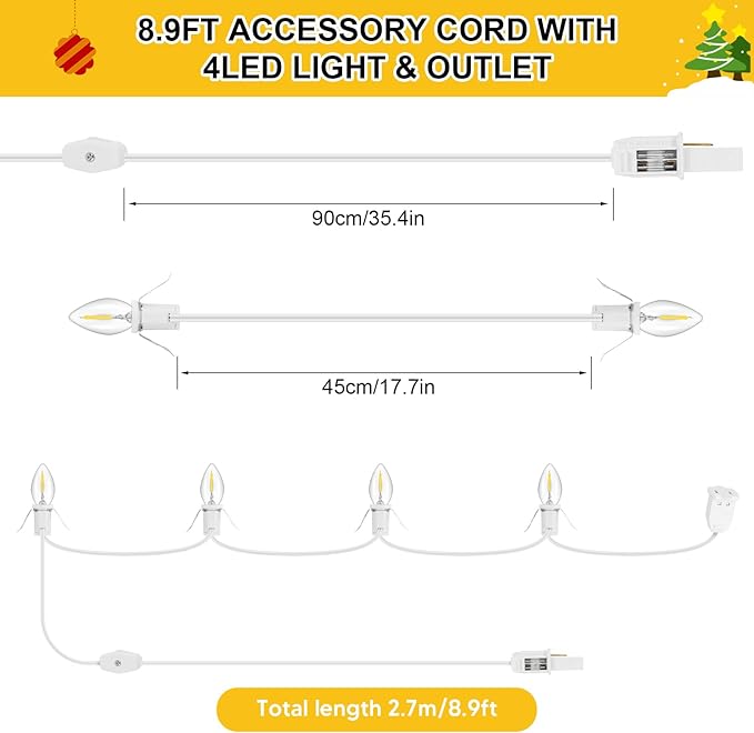 1Pack Accessory Cord with 4LED Bulbs and Outlet Christmas Village Light 8.9FT Blow Mold Light Cord with Spare Fuse Warm White C7 Lamp Christmas Village Accessories for Village Houses Craft Pumpkin