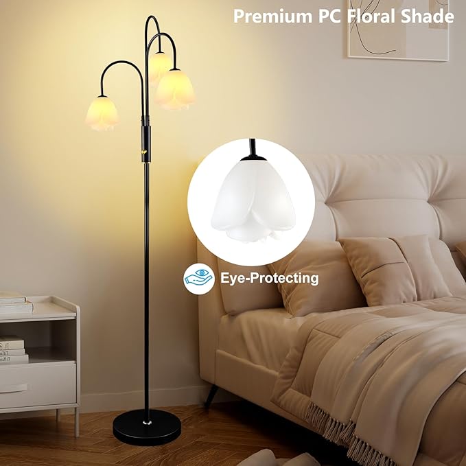 Lightdot 70IN Dimmable Floor Lamp for Living Room, 3 Light LED Tree Floor Lamp with Floral Shade& Bulb Included for Wedding/Party, Mid Century Standing Tall Lamp for Sofa Beside/Corner Decor-Black