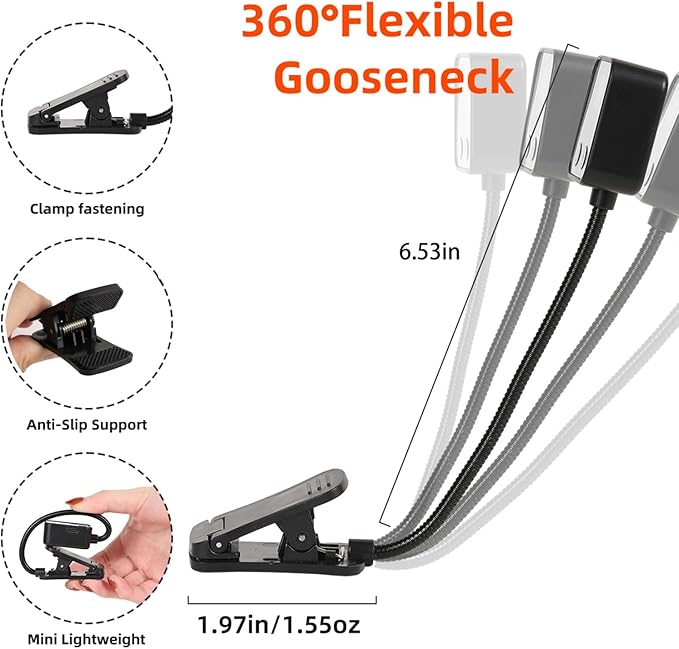 5 Pack Rechargeable Book Lights for Reading at Night in Bed Rechargeable LED Book Light with Memory Function Lightweight Booklight Bulk Clip on Small Travel Reading Lamps for Book Lovers USB Charging
